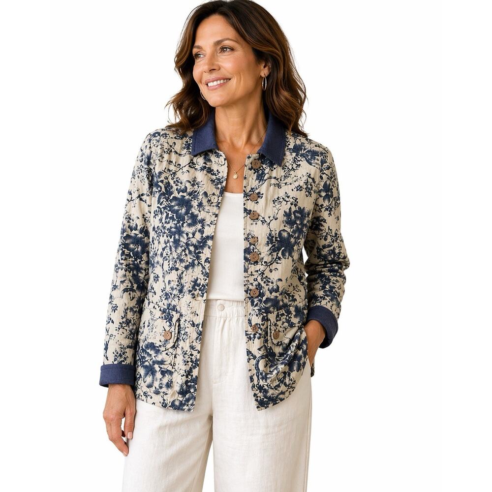 Coldwater Creek Toile Jacket Blue Floral Linen Blend Chinoiserie Cottagecore M